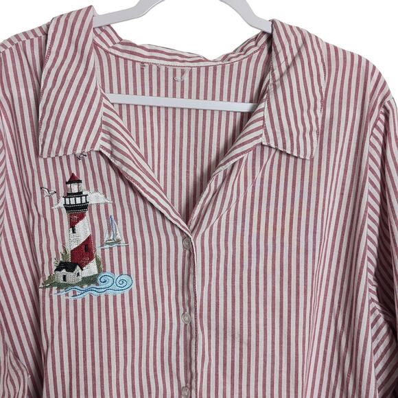 Vintage Button Up Red and White Striped Lighthouse Embroidery 3/4 Sleeve Top XL - Picture 4 of 6